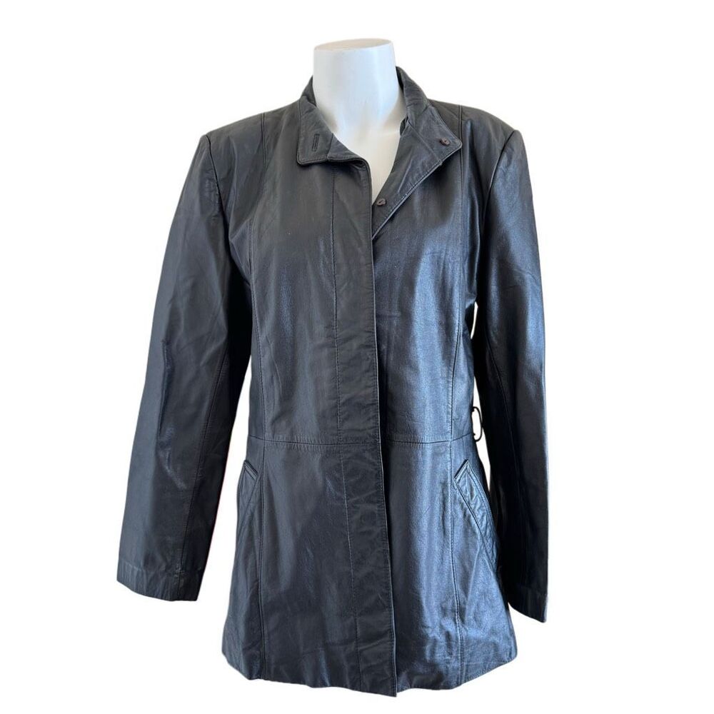 Anthony’s women’s black leather jacket M motorcycle biker 90s trench coat button